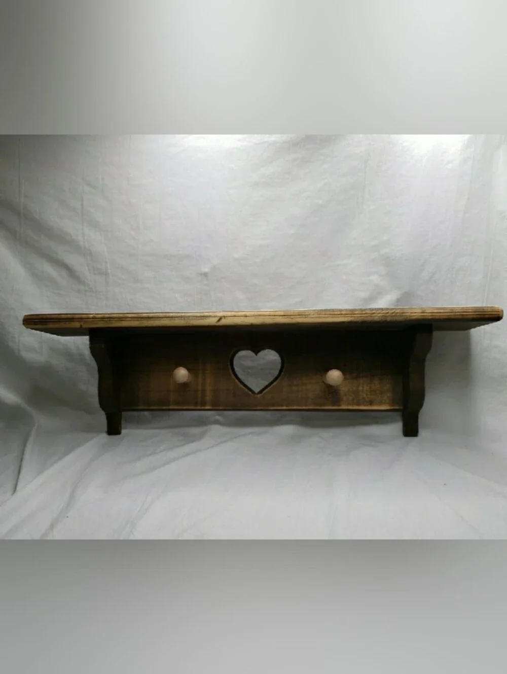Vintage Long Wooden Country Heart Wall Shelf Pegs Distressed 90s 2 Feet Long